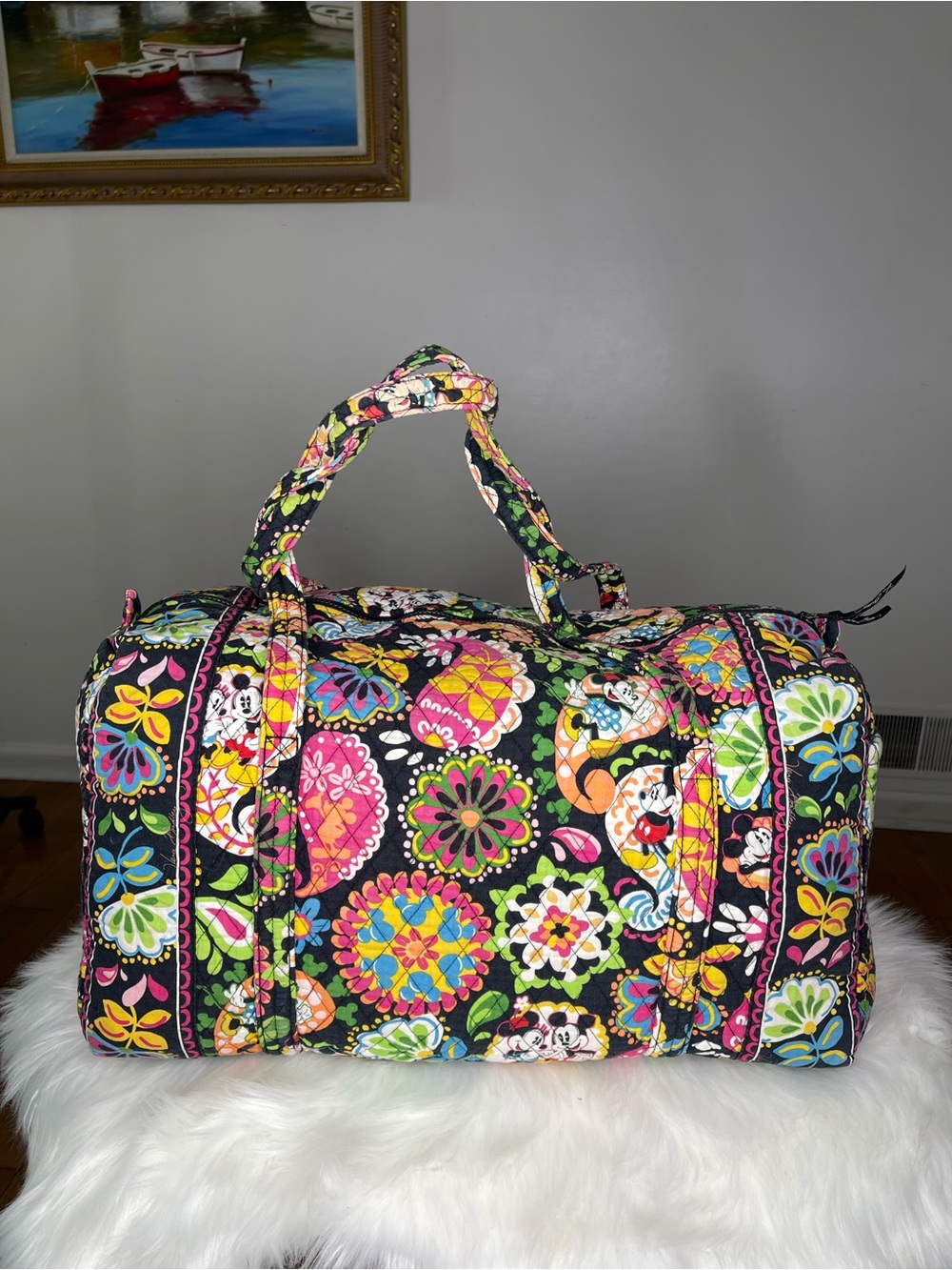 Vera Bradley Black Quilted Duffel with Neon Floral & Character Print